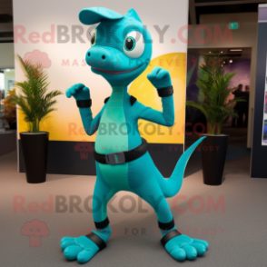 Teal Lizard mascot costume character dressed with a Leggings and Belts