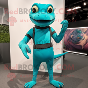 Teal Lizard mascot costume character dressed with a Leggings and Belts