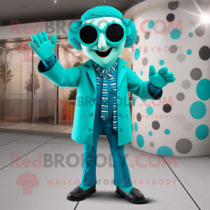 Turquoise Mime mascot costume character dressed with a Coat and Sunglasses