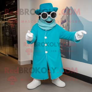 Turquoise Mime mascot costume character dressed with a Coat and Sunglasses