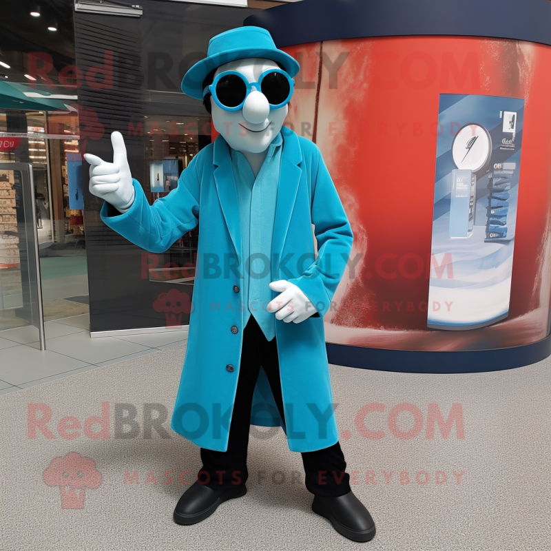 Turquoise Mime mascot costume character dressed with a Coat and Sunglasses