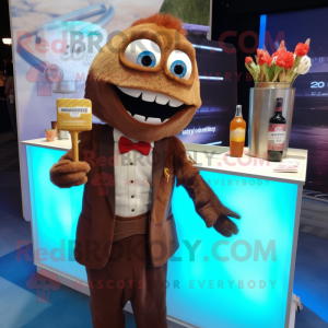 Brown Cod mascot costume character dressed with a Cocktail Dress and Pocket squares