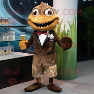 Brown Cod mascot costume character dressed with a Cocktail Dress and Pocket squares