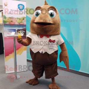 Brown Cod mascot costume character dressed with a Cocktail Dress and Pocket squares
