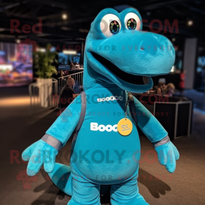 Teal Diplodocus mascot costume character dressed with a Sweatshirt and Suspenders