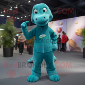 Teal Diplodocus mascot costume character dressed with a Sweatshirt and Suspenders