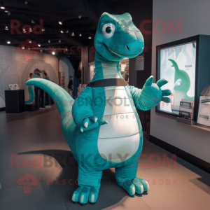 Teal Diplodocus mascot costume character dressed with a Sweatshirt and Suspenders