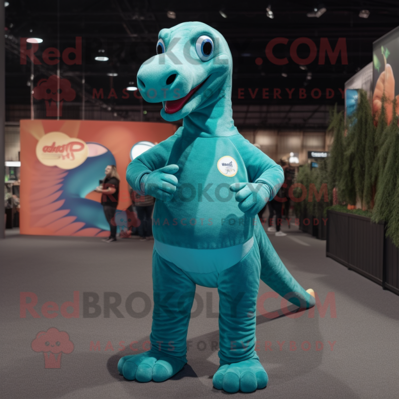 Teal Diplodocus mascot costume character dressed with a Sweatshirt and Suspenders