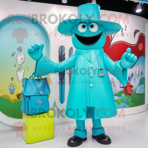 Turquoise Ring Master mascot costume character dressed with a Raincoat and Wallets