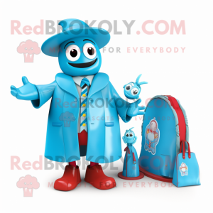 Turquoise Ring Master mascot costume character dressed with a Raincoat and Wallets