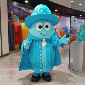 Turquoise Ring Master mascot costume character dressed with a Raincoat and Wallets