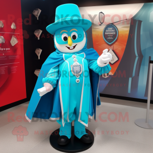 Turquoise Ring Master mascot costume character dressed with a Raincoat and Wallets