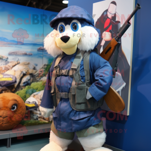 Navy Sniper mascot costume character dressed with a Vest and Backpacks