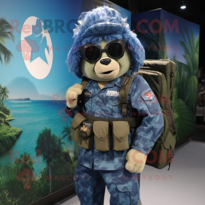 Navy Sniper mascot costume character dressed with a Vest and Backpacks