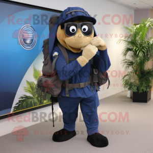 Navy Sniper mascot costume character dressed with a Vest and Backpacks