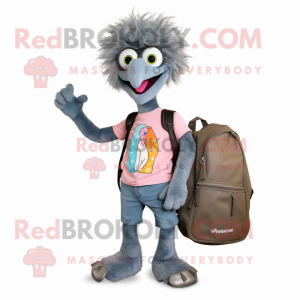 Gray Emu mascot costume character dressed with a Flare Jeans and Messenger bags