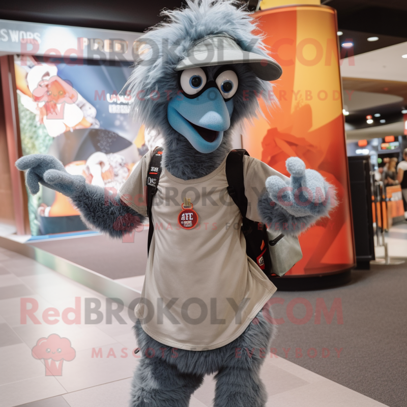 Gray Emu mascot costume character dressed with a Flare Jeans and Messenger bags Gray Emu mascot costume character dressed with a Flare Jeans and Messenger bags