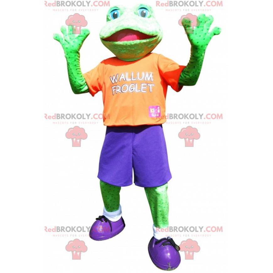 Mascotte de grenouille verte habillée en tenue de sport colorée