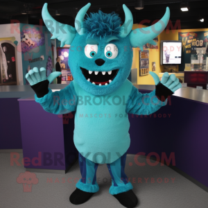 Teal Devil mascot costume character dressed with a Sweater and Hair clips