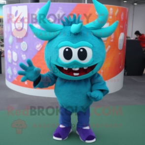 Teal Devil mascot costume character dressed with a Sweater and Hair clips