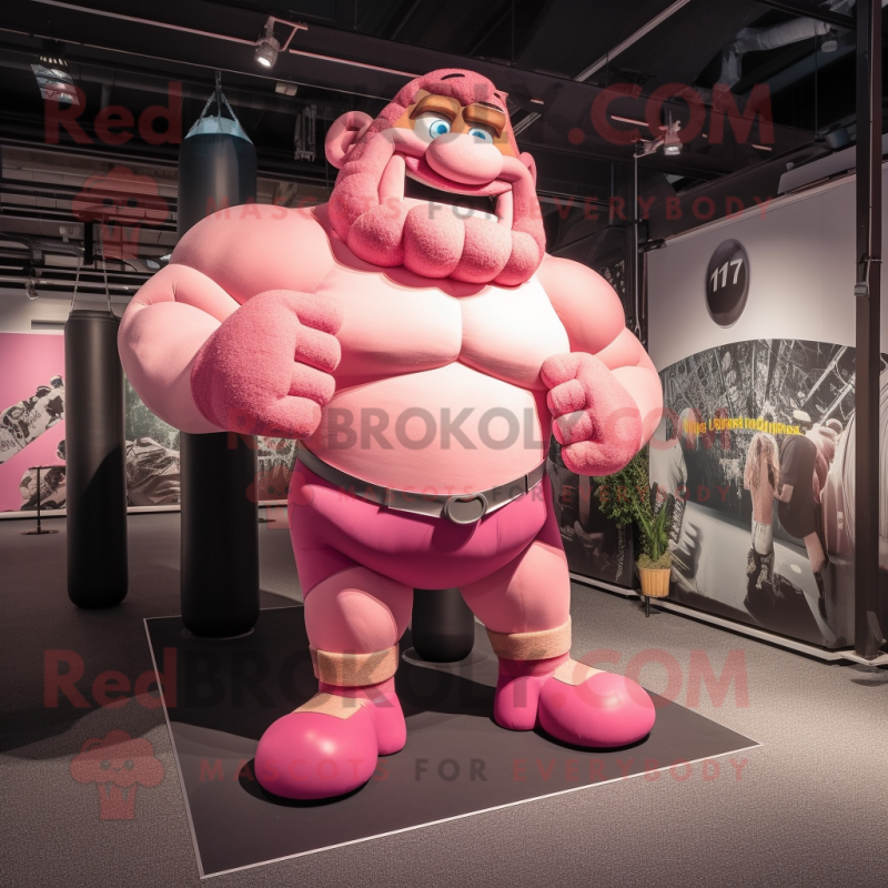 Pink Strongman mascot costume character dressed with a Trousers and Shoe laces Pink Strongman mascot costume character dressed with a Trousers and Shoe laces