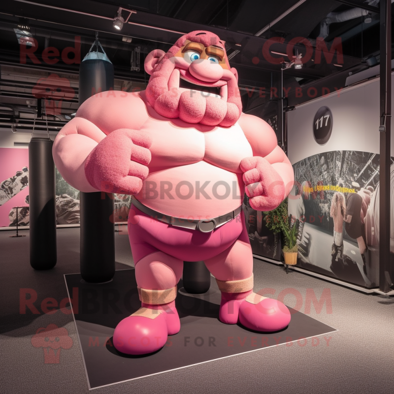 Pink Strongman mascot costume character dressed with a Trousers and Shoe laces