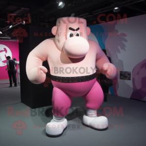 Pink Strongman mascot costume character dressed with a Trousers and Shoe laces