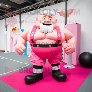 Pink Strongman mascot costume character dressed with a Trousers and Shoe laces