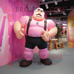 Pink Strongman mascot costume character dressed with a Trousers and Shoe laces