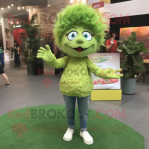 Olive Fried Chicken mascot costume character dressed with a Skinny Jeans and Hair clips