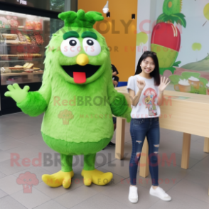 Olive Fried Chicken mascot costume character dressed with a Skinny Jeans and Hair clips
