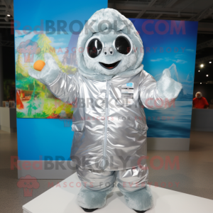Silver Lasagna mascot costume character dressed with a Parka and Ties