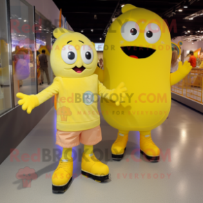Yellow Pair Of Ice Skates mascot costume character dressed with a Romper and Clutch bags