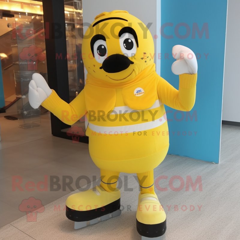 Yellow Pair Of Ice Skates mascot costume character dressed with a Romper and Clutch bags