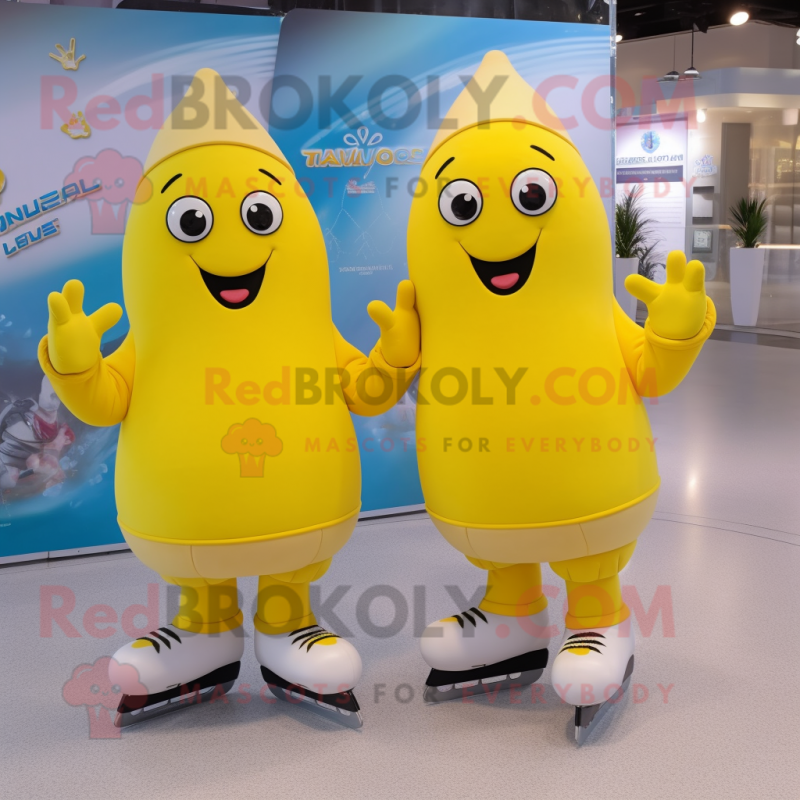 Yellow Pair Of Ice Skates mascot costume character dressed with a Romper and Clutch bags