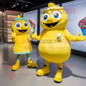 Yellow Pair Of Ice Skates mascot costume character dressed with a Romper and Clutch bags