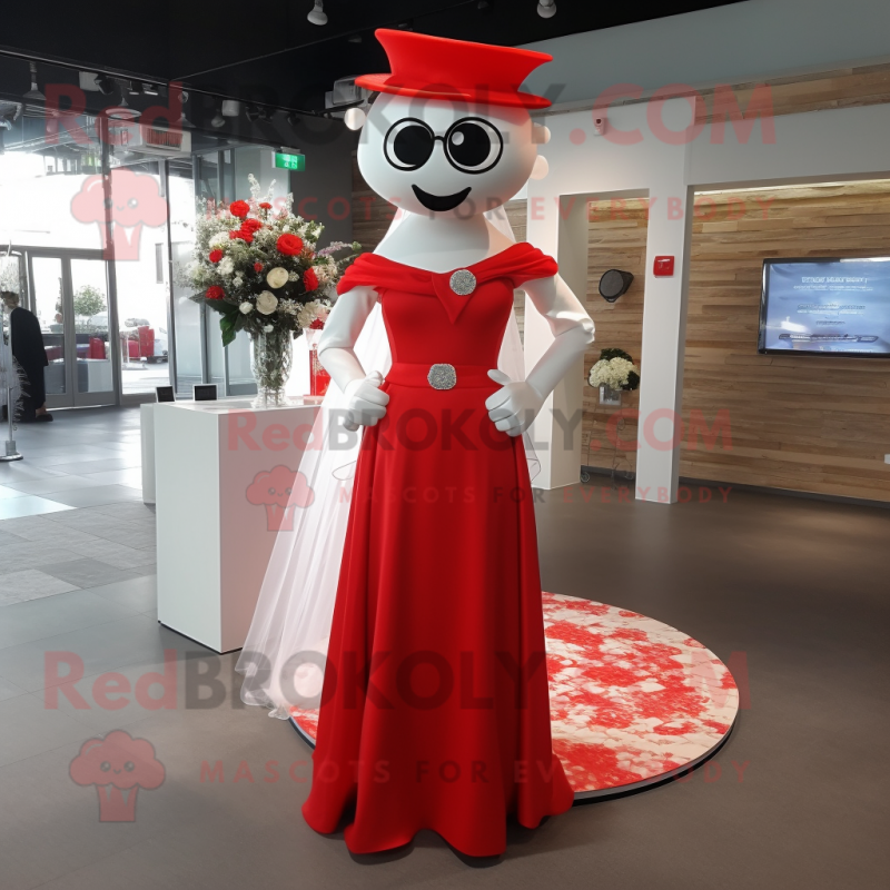 Red Superhero mascot costume character dressed with a Wedding Dress and Hats