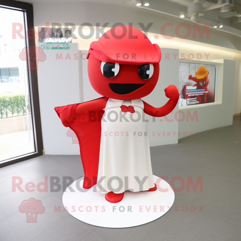 Red Superhero mascot costume character dressed with a Wedding Dress and Hats Red Superhero mascot costume character dressed with a Wedding Dress and Hats