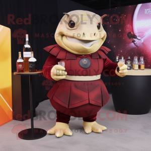 Maroon Glyptodon mascot costume character dressed with a Cocktail Dress and Belts