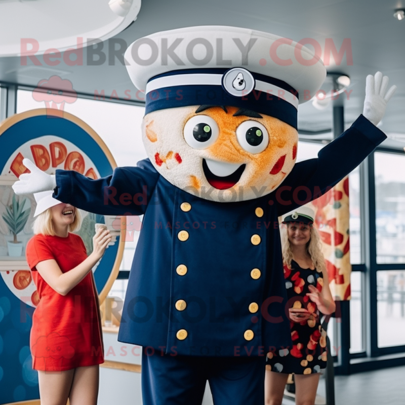 Navy Pizza mascot costume character dressed with a Playsuit and Berets Navy Pizza mascot costume character dressed with a Playsuit and Berets
