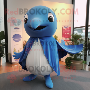 Sky Blue Whale mascot costume character dressed with a Flare Jeans and Shawl pins