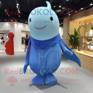 Sky Blue Whale mascot costume character dressed with a Flare Jeans and Shawl pins