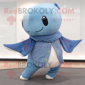 Sky Blue Whale mascot costume character dressed with a Flare Jeans and Shawl pins