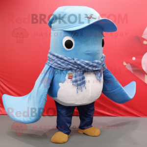 Sky Blue Whale mascot costume character dressed with a Flare Jeans and Shawl pins