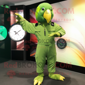 Olive Parrot mascot costume character dressed with a Jumpsuit and Bracelet watches