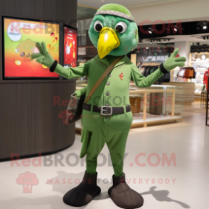 Olive Parrot mascot costume character dressed with a Jumpsuit and Bracelet watches