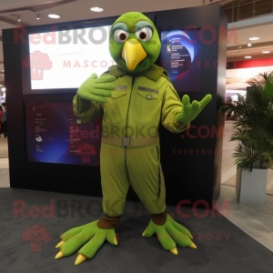 Olive Parrot mascot costume character dressed with a Jumpsuit and Bracelet watches