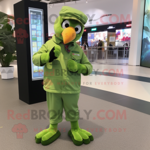 Olive Parrot mascot costume character dressed with a Jumpsuit and Bracelet watches