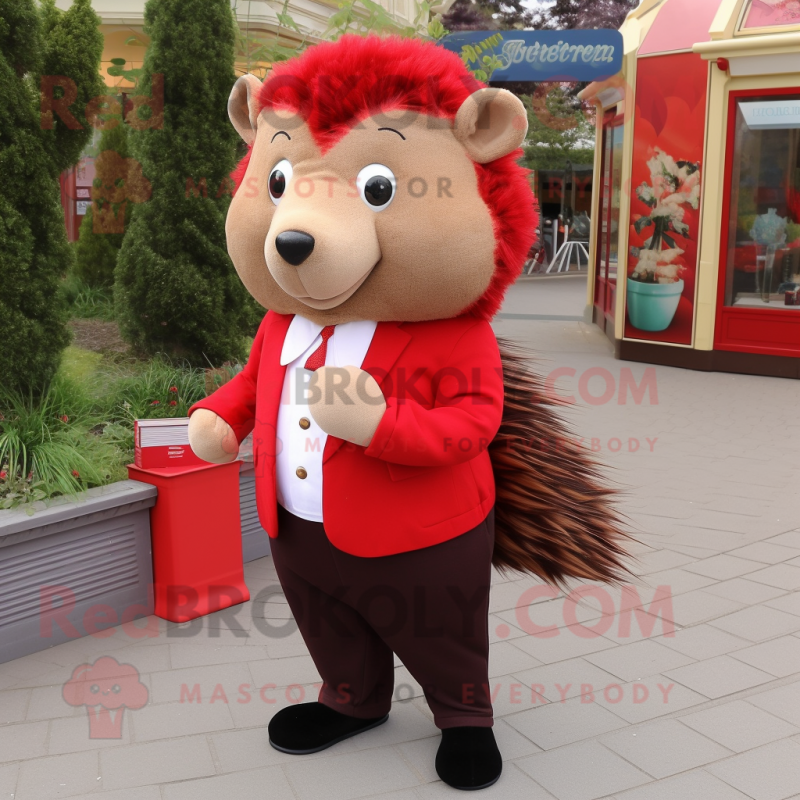 Red Hedgehog mascot costume character dressed with a Trousers and Tie pins