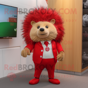 Red Hedgehog mascot costume character dressed with a Trousers and Tie pins